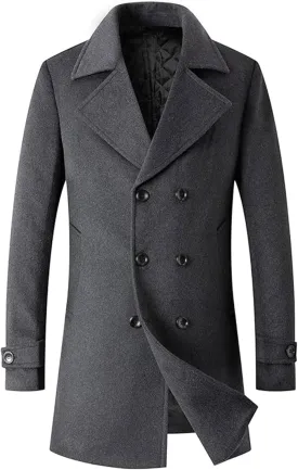 SOMTHRON Men's Woolen Trench Coat Regular Fit Double Breasted Wool Blend Jacket Winter Pea Coat Businesss Overcoat
