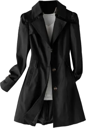 SOMTHRON Women's Single Breasted Mid-Length Trench Coat Puff Sleeve Lapel Overcoat Windproof Classic Outerwear