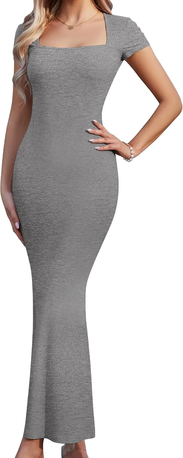 Summer Dresses for Women 2025 Elegant Square Neck Long Ribbed Bodycon Maxi Formal Dresses for Wedding Guest Maternity Dress