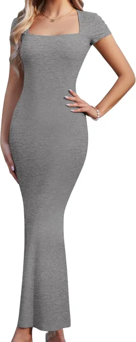 Summer Dresses for Women 2025 Elegant Square Neck Long Ribbed Bodycon Maxi Formal Dresses for Wedding Guest Maternity Dress