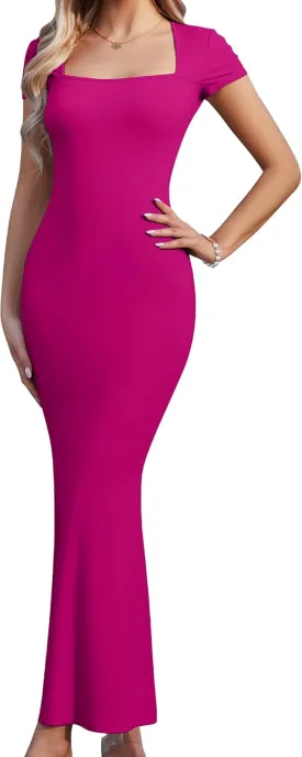 Summer Dresses for Women 2025 Elegant Square Neck Long Ribbed Bodycon Maxi Formal Dresses for Wedding Guest Maternity Dress