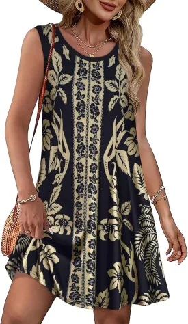 Summer Dresses for Women Beach Boho Sleeveless Vintage Floral Flowy Pocket Tshirt Tank Sundresses