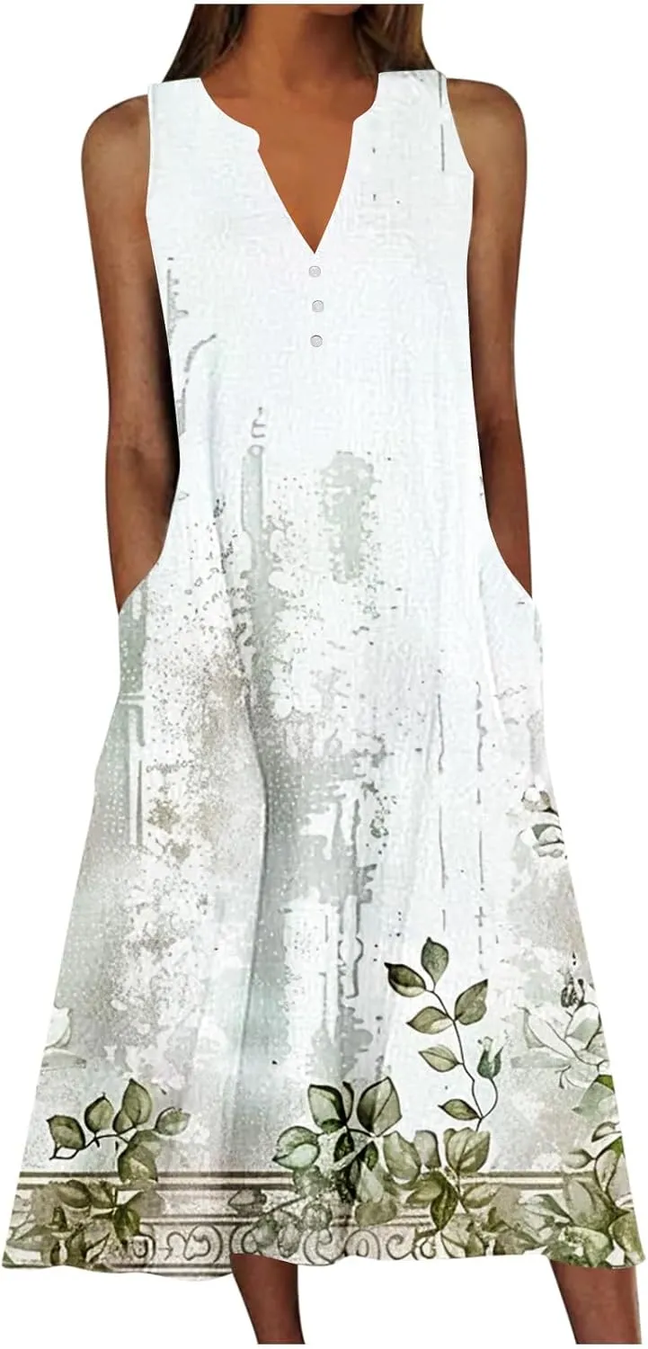 Sundress for Women Sleeveless Tank Dresses Vacation Plus Size Casual Button V Neck Boho Floral Beach Dress