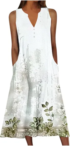 Sundress for Women Sleeveless Tank Dresses Vacation Plus Size Casual Button V Neck Boho Floral Beach Dress
