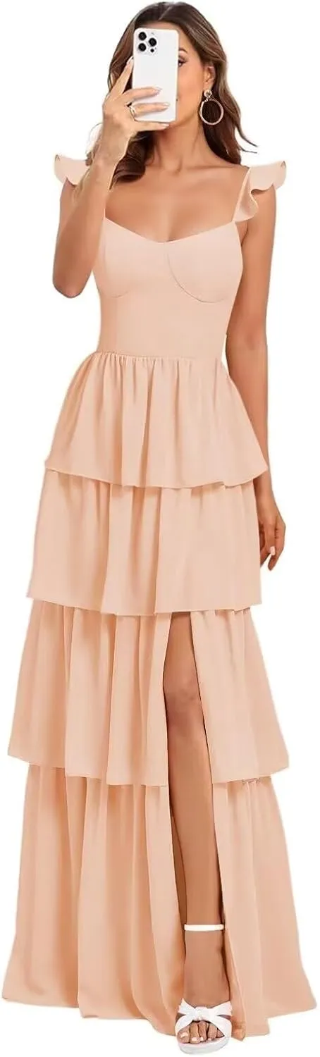 Tiered Chiffon Bridesmaid Dress Ruffle Prom Dresses for Women A Line Formal Evening Gown with Slit