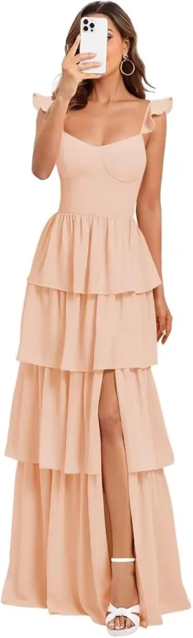 Tiered Chiffon Bridesmaid Dress Ruffle Prom Dresses for Women A Line Formal Evening Gown with Slit