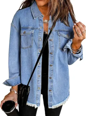 Vetinee Womens Oversized Button Up Frayed Hem Shacket Long Sleeve Pockets Denim Jean Jacket
