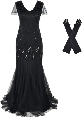 Women Evening Dress 1920s Flapper Cocktail Mermaid Plus Size Formal Gown with Long Gloves