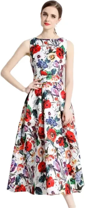 Women Sleeveless Tank Dress Cocktail Party Floral Robe Vintage A Line Formal Occasion Dresses