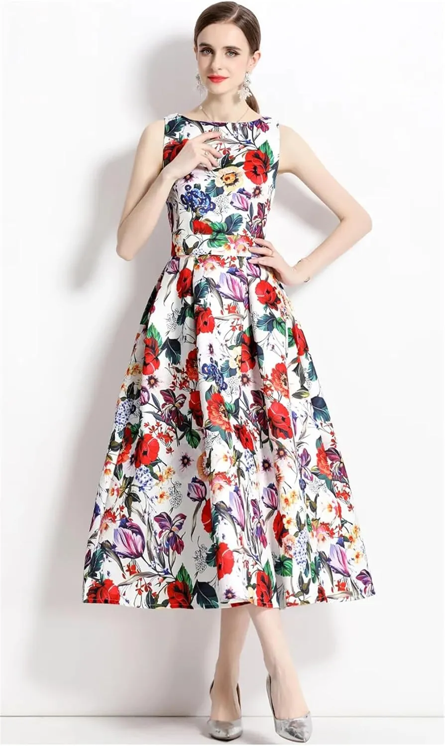 Women Sleeveless Tank Dress Cocktail Party Floral Robe Vintage A Line Formal Occasion Dresses
