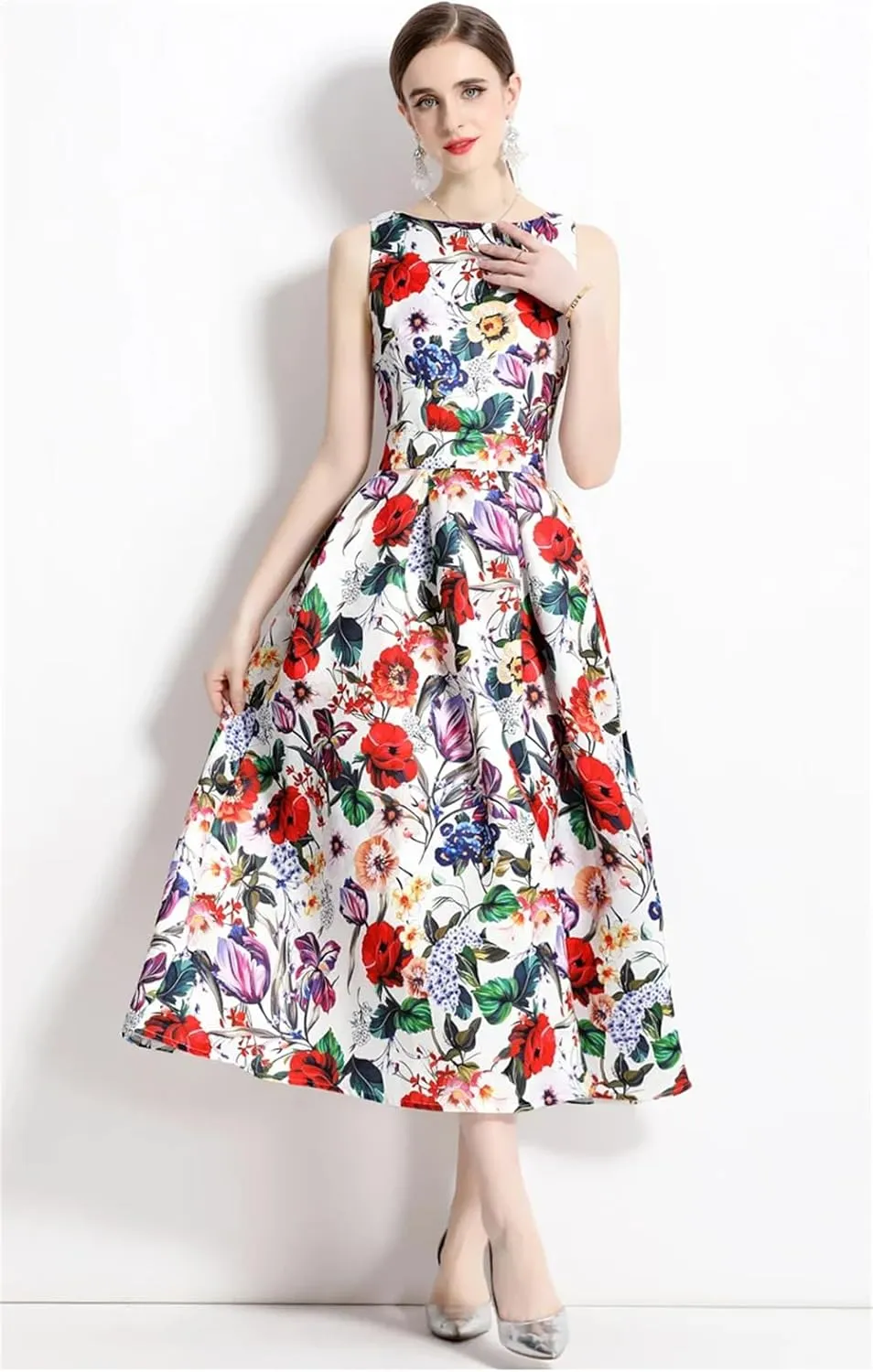 Women Sleeveless Tank Dress Cocktail Party Floral Robe Vintage A Line Formal Occasion Dresses