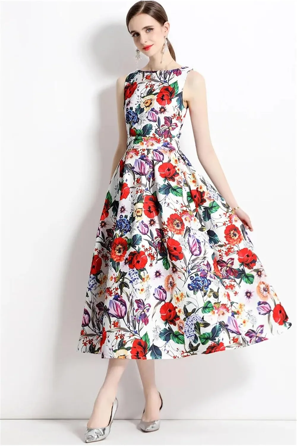 Women Sleeveless Tank Dress Cocktail Party Floral Robe Vintage A Line Formal Occasion Dresses