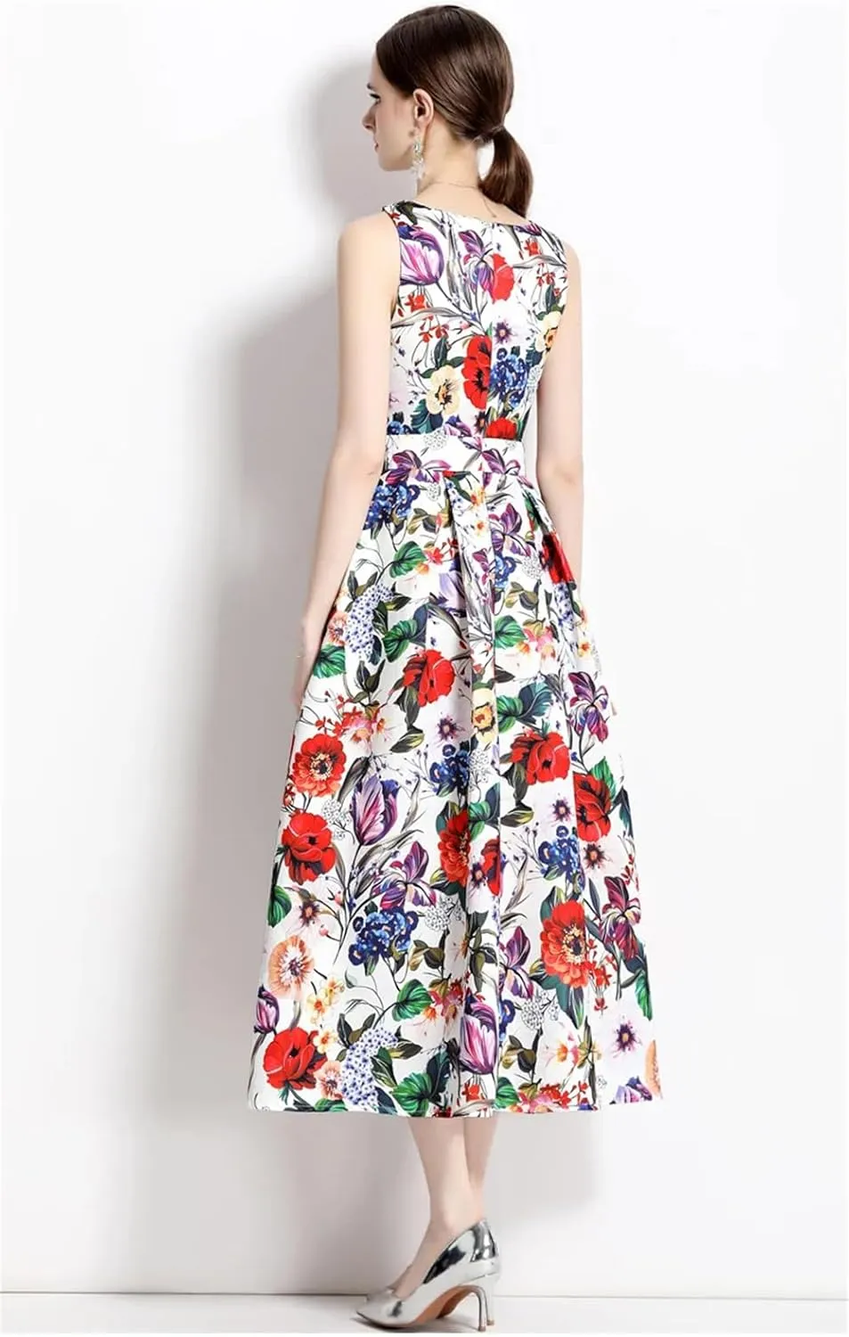 Women Sleeveless Tank Dress Cocktail Party Floral Robe Vintage A Line Formal Occasion Dresses
