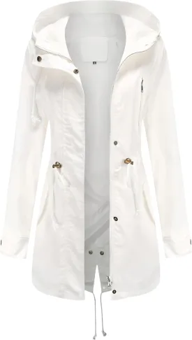 Women Trench Coat Windbreaker Zip Up Jacket With Pockets Casual Long Sleeve Outwear with Waist Drawstring