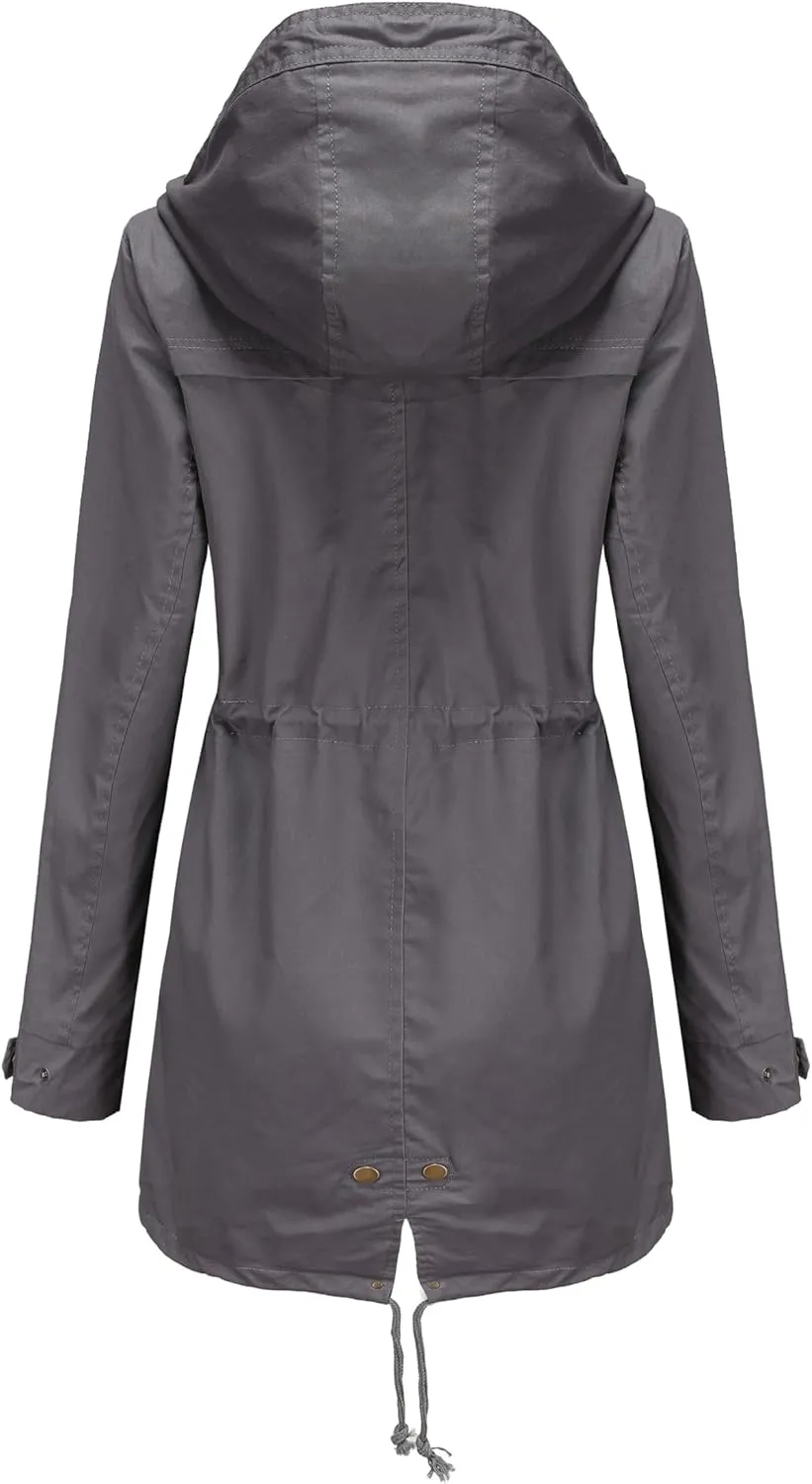 Women Trench Coat Windbreaker Zip Up Jacket With Pockets Casual Long Sleeve Outwear with Waist Drawstring