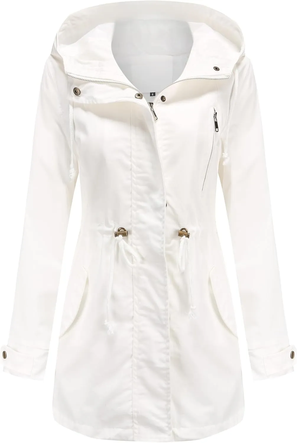 Women Trench Coat Windbreaker Zip Up Jacket With Pockets Casual Long Sleeve Outwear with Waist Drawstring