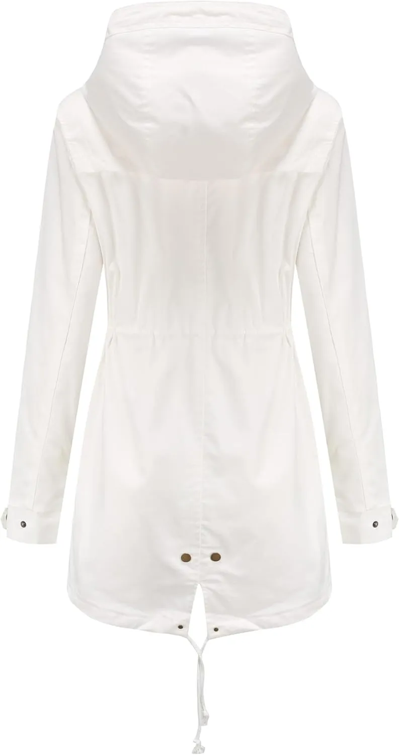 Women Trench Coat Windbreaker Zip Up Jacket With Pockets Casual Long Sleeve Outwear with Waist Drawstring