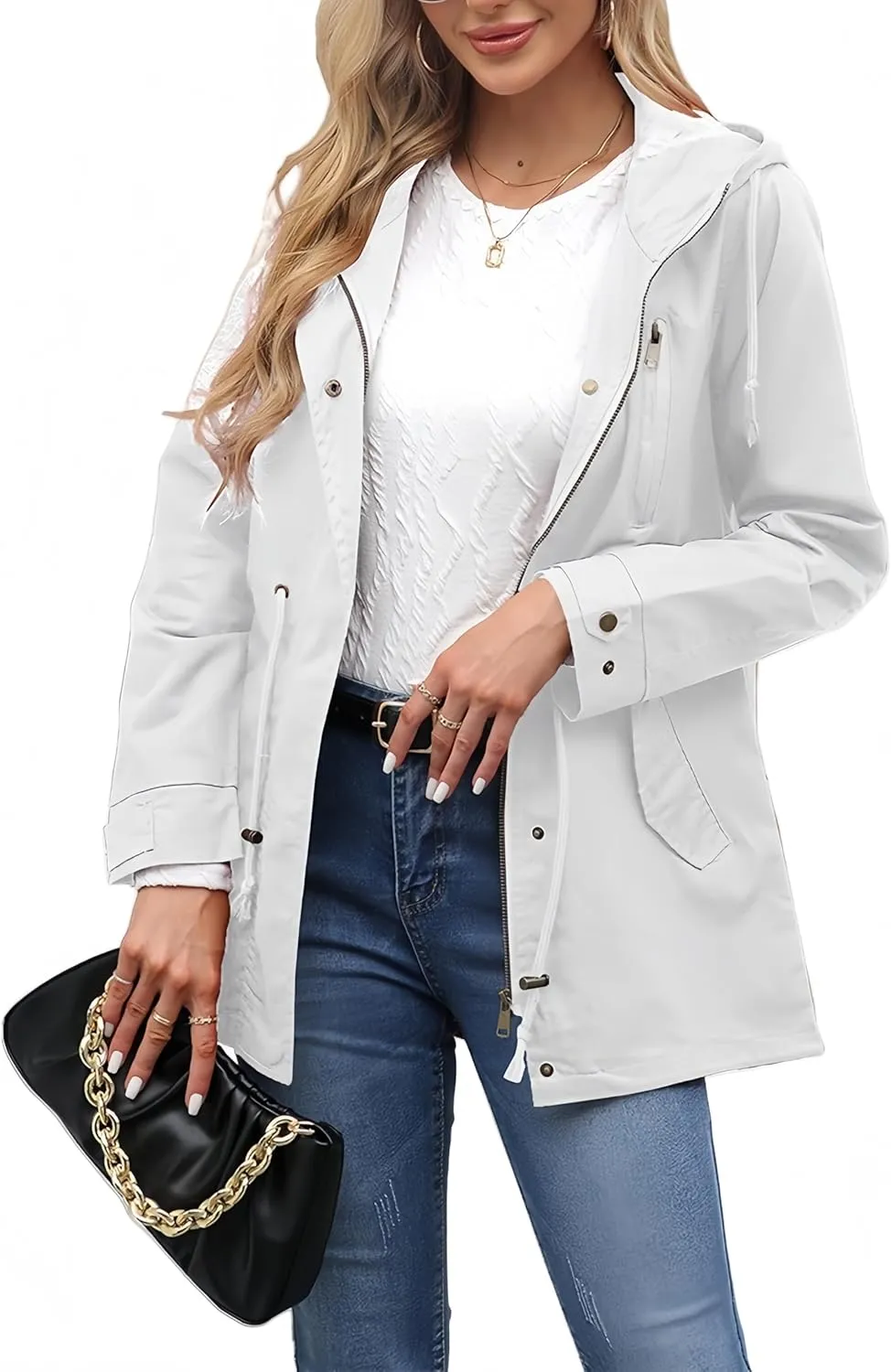 Women Trench Coat Windbreaker Zip Up Jacket With Pockets Casual Long Sleeve Outwear with Waist Drawstring