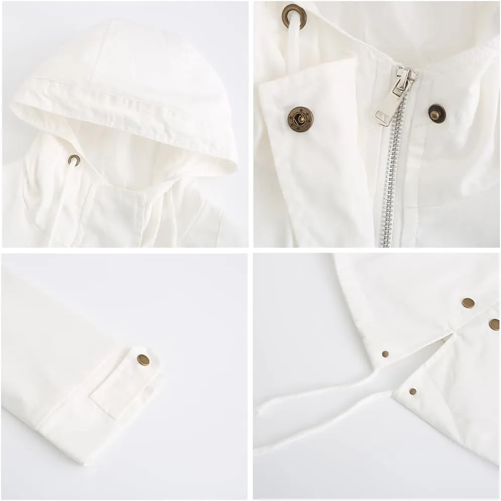 Women Trench Coat Windbreaker Zip Up Jacket With Pockets Casual Long Sleeve Outwear with Waist Drawstring