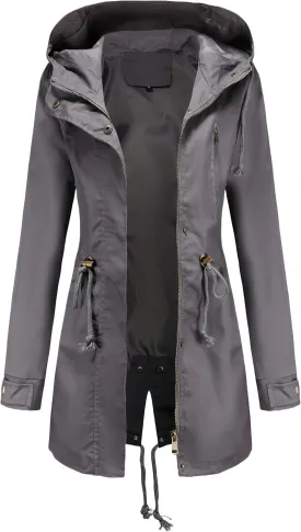 Women Trench Coat Windbreaker Zip Up Jacket With Pockets Casual Long Sleeve Outwear with Waist Drawstring
