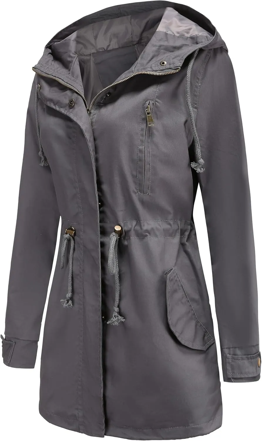 Women Trench Coat Windbreaker Zip Up Jacket With Pockets Casual Long Sleeve Outwear with Waist Drawstring