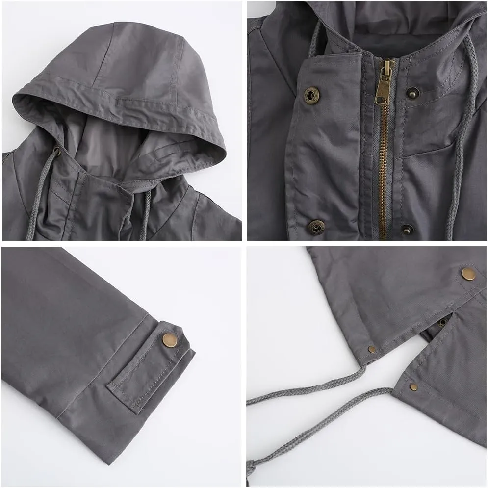 Women Trench Coat Windbreaker Zip Up Jacket With Pockets Casual Long Sleeve Outwear with Waist Drawstring