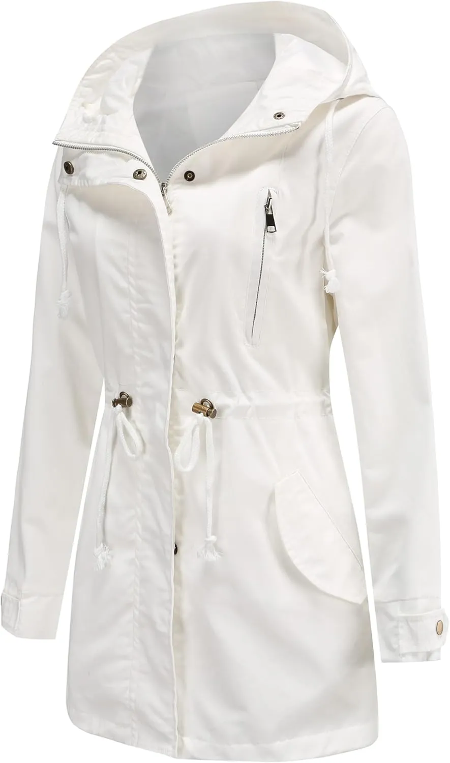 Women Trench Coat Windbreaker Zip Up Jacket With Pockets Casual Long Sleeve Outwear with Waist Drawstring