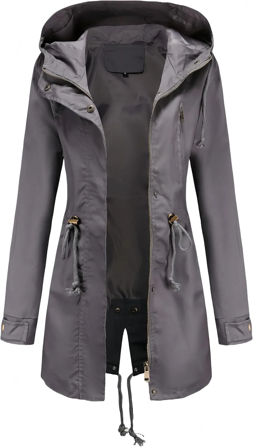 Women Trench Coat Windbreaker Zip Up Jacket With Pockets Casual Long Sleeve Outwear with Waist Drawstring