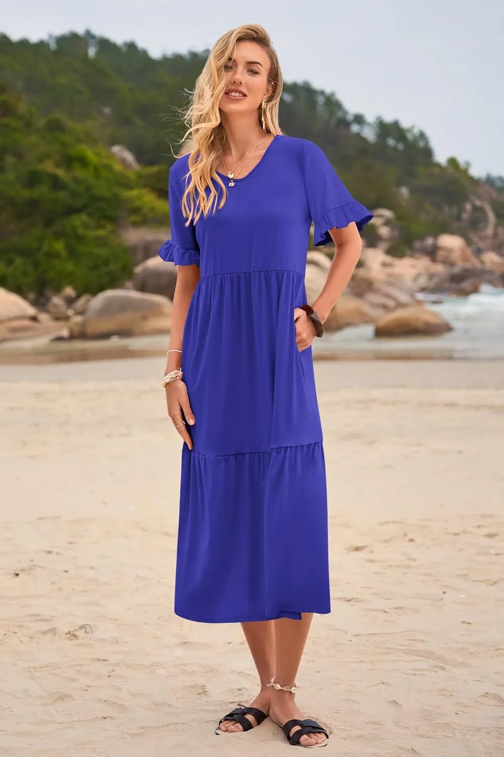Womens Casual Summer Dress Casual Ruffle Short Sleeve V Neck A Line Flowy Tiered Beach Maxi Dresses with Pockets