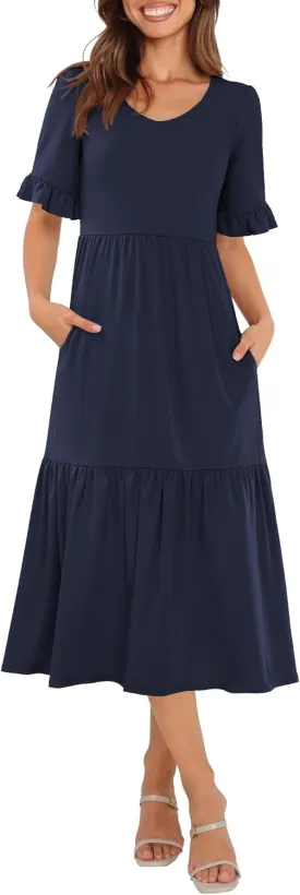 Womens Casual Summer Dress Casual Ruffle Short Sleeve V Neck A Line Flowy Tiered Beach Maxi Dresses with Pockets