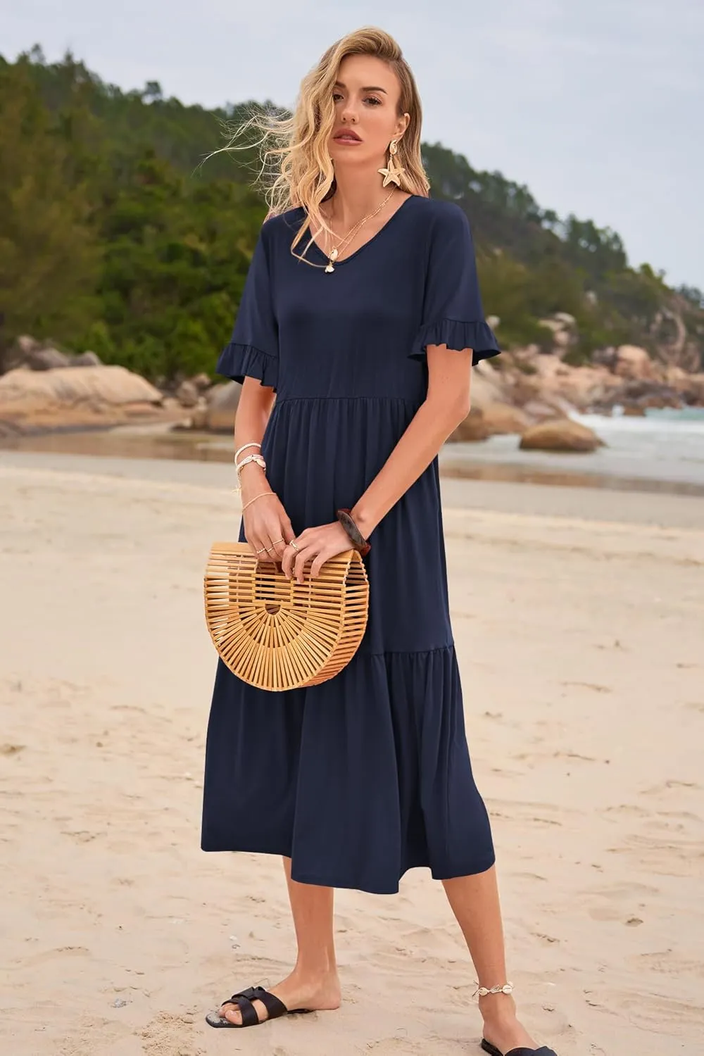 Womens Casual Summer Dress Casual Ruffle Short Sleeve V Neck A Line Flowy Tiered Beach Maxi Dresses with Pockets
