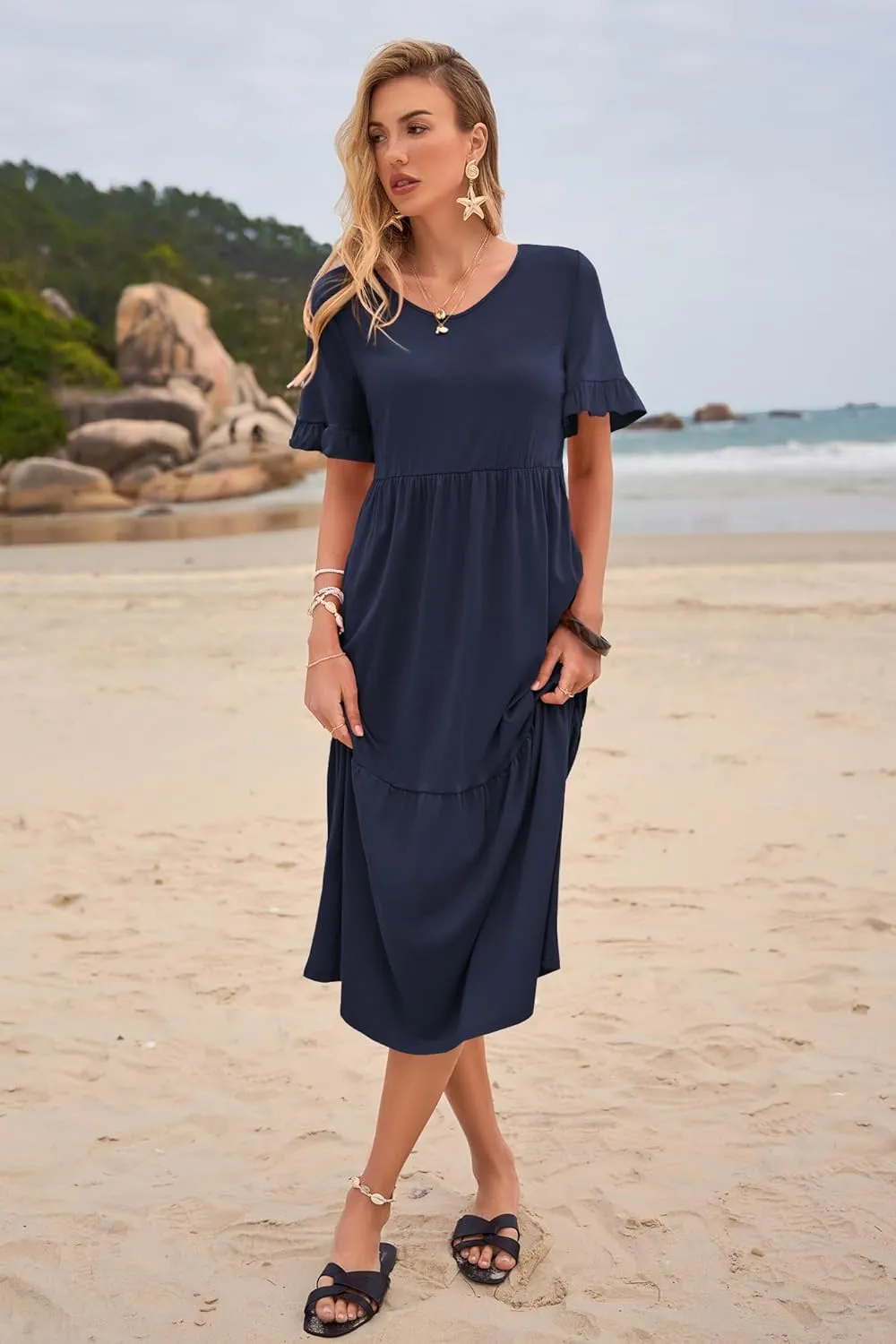 Womens Casual Summer Dress Casual Ruffle Short Sleeve V Neck A Line Flowy Tiered Beach Maxi Dresses with Pockets