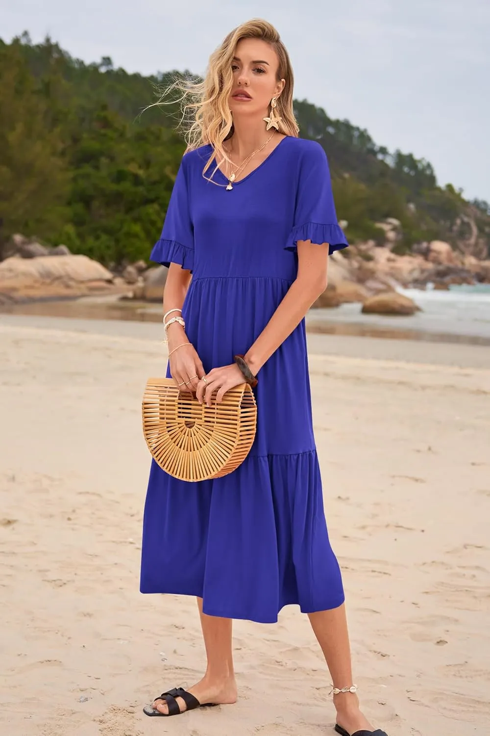 Womens Casual Summer Dress Casual Ruffle Short Sleeve V Neck A Line Flowy Tiered Beach Maxi Dresses with Pockets