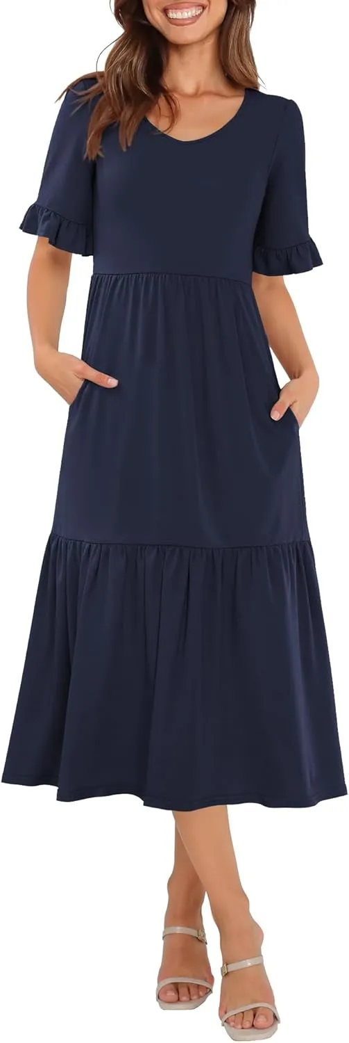 Womens Casual Summer Dress Casual Ruffle Short Sleeve V Neck A Line Flowy Tiered Beach Maxi Dresses with Pockets