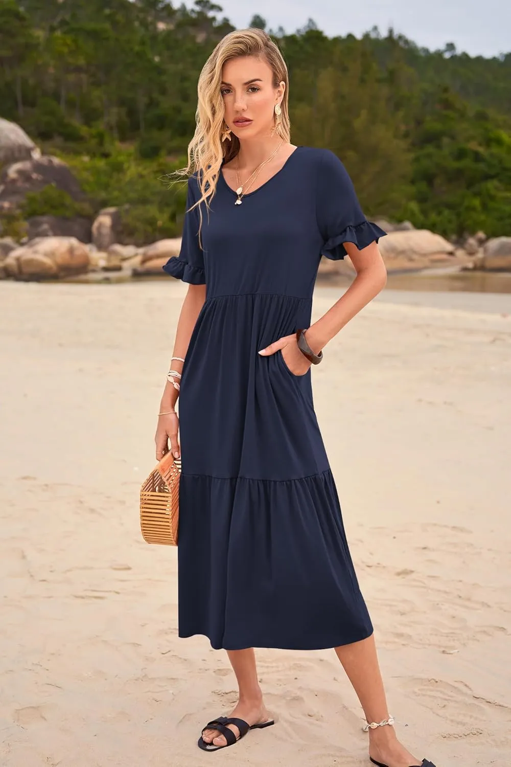 Womens Casual Summer Dress Casual Ruffle Short Sleeve V Neck A Line Flowy Tiered Beach Maxi Dresses with Pockets