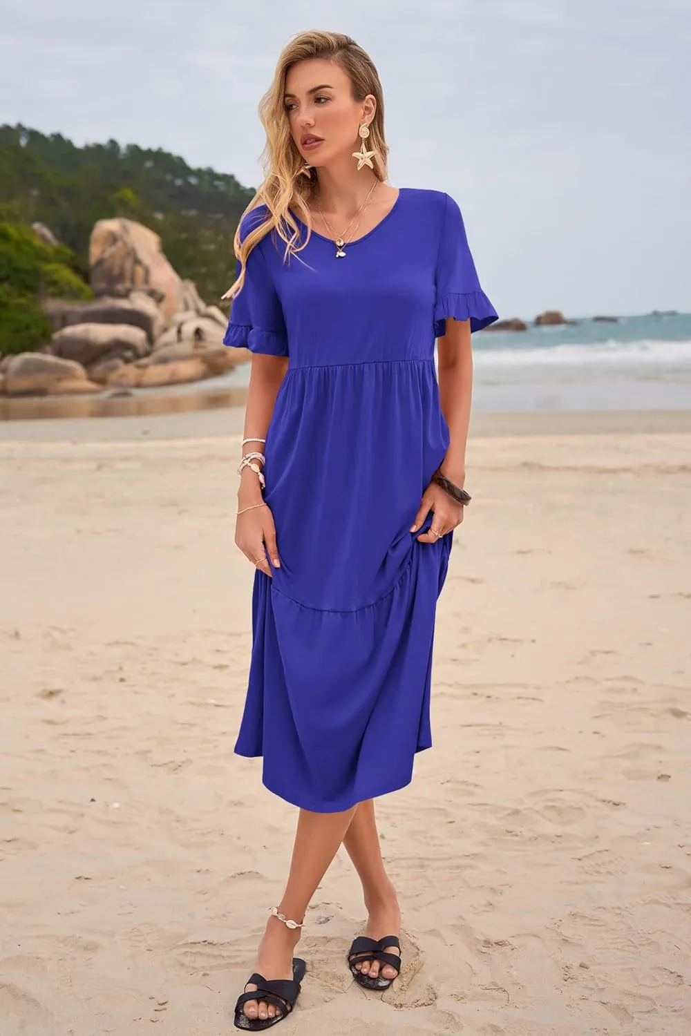 Womens Casual Summer Dress Casual Ruffle Short Sleeve V Neck A Line Flowy Tiered Beach Maxi Dresses with Pockets