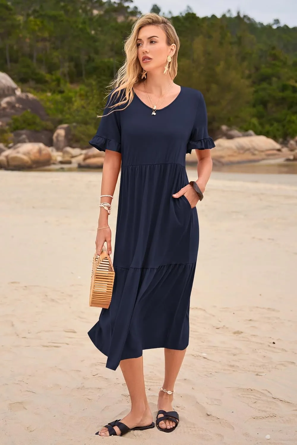 Womens Casual Summer Dress Casual Ruffle Short Sleeve V Neck A Line Flowy Tiered Beach Maxi Dresses with Pockets