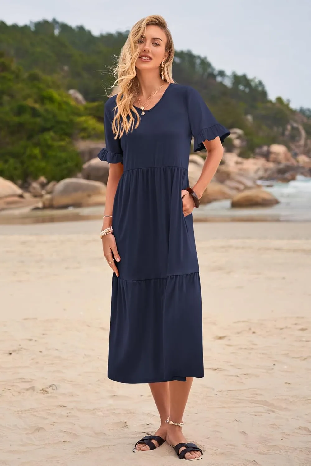 Womens Casual Summer Dress Casual Ruffle Short Sleeve V Neck A Line Flowy Tiered Beach Maxi Dresses with Pockets