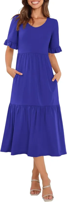 Womens Casual Summer Dress Casual Ruffle Short Sleeve V Neck A Line Flowy Tiered Beach Maxi Dresses with Pockets