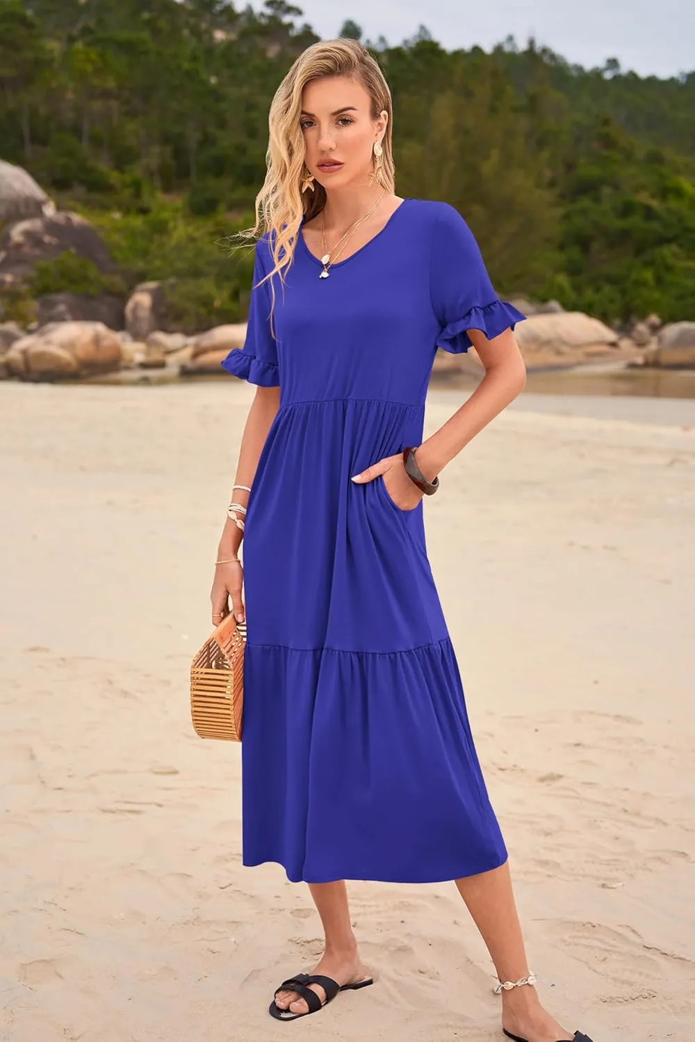 Womens Casual Summer Dress Casual Ruffle Short Sleeve V Neck A Line Flowy Tiered Beach Maxi Dresses with Pockets