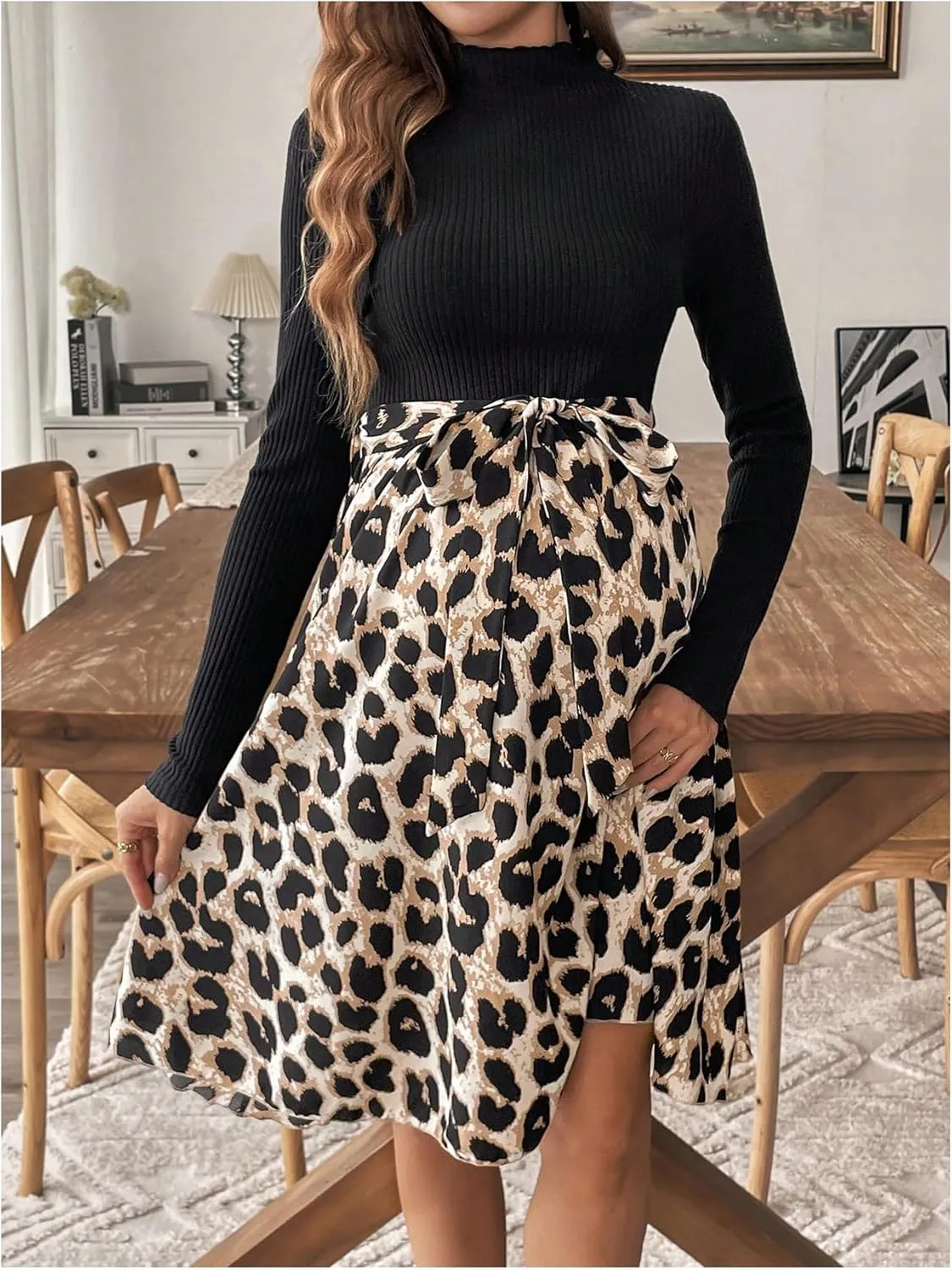 Women's Maternity Dress Floral Print Long Sleeve Belted Flowy Pregnancy Dresses