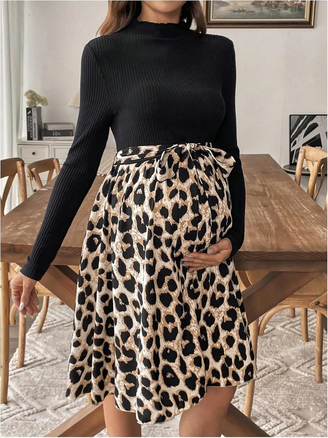 Women's Maternity Dress Floral Print Long Sleeve Belted Flowy Pregnancy Dresses