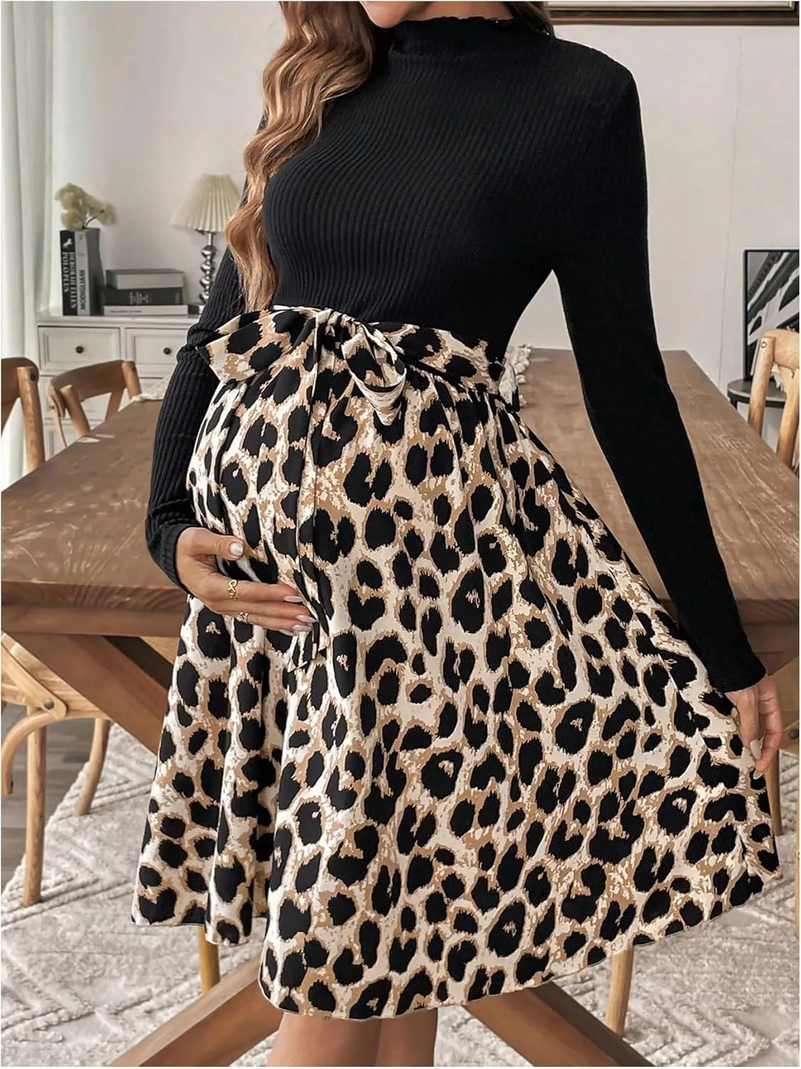 Women's Maternity Dress Floral Print Long Sleeve Belted Flowy Pregnancy Dresses