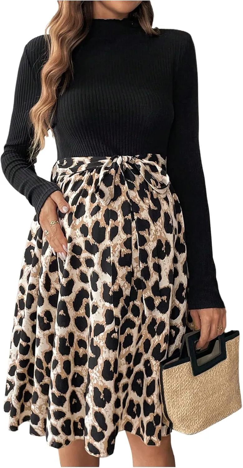 Women's Maternity Dress Floral Print Long Sleeve Belted Flowy Pregnancy Dresses