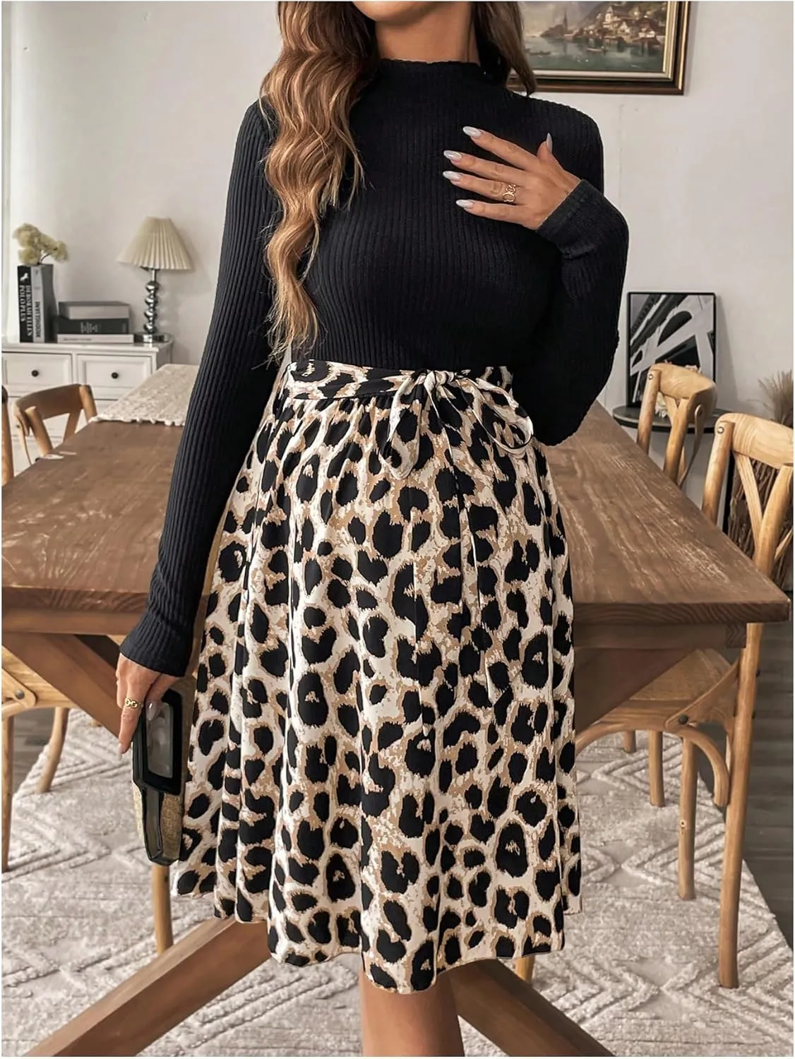 Women's Maternity Dress Floral Print Long Sleeve Belted Flowy Pregnancy Dresses