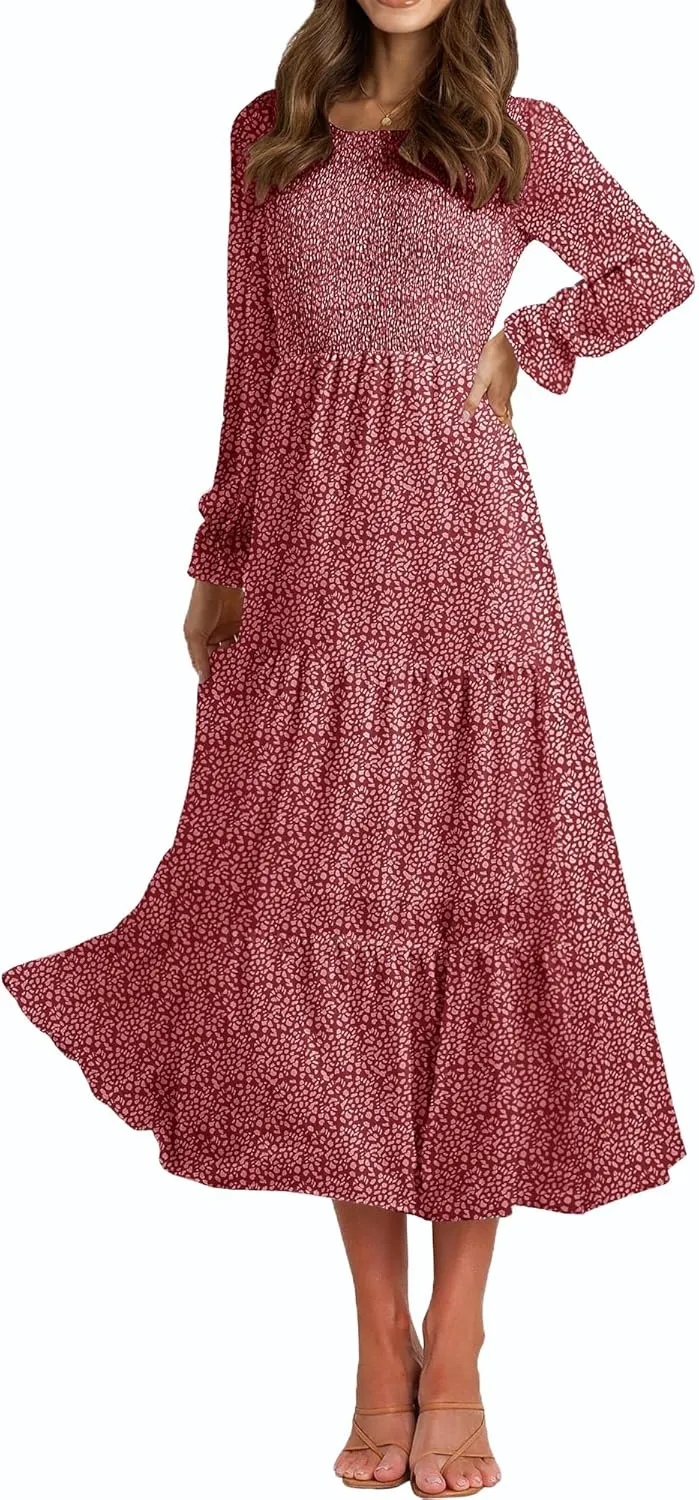 Women's Nursing Dress Flounces Long Sleeve Crew Neck Smocked Bodice Ruched Elastic Waist Tiered Midi with Pockets