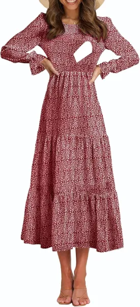 Women's Nursing Dress Flounces Long Sleeve Crew Neck Smocked Bodice Ruched Elastic Waist Tiered Midi with Pockets