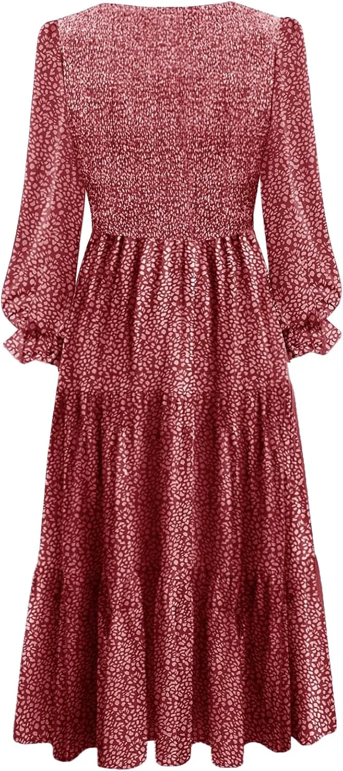 Women's Nursing Dress Flounces Long Sleeve Crew Neck Smocked Bodice Ruched Elastic Waist Tiered Midi with Pockets