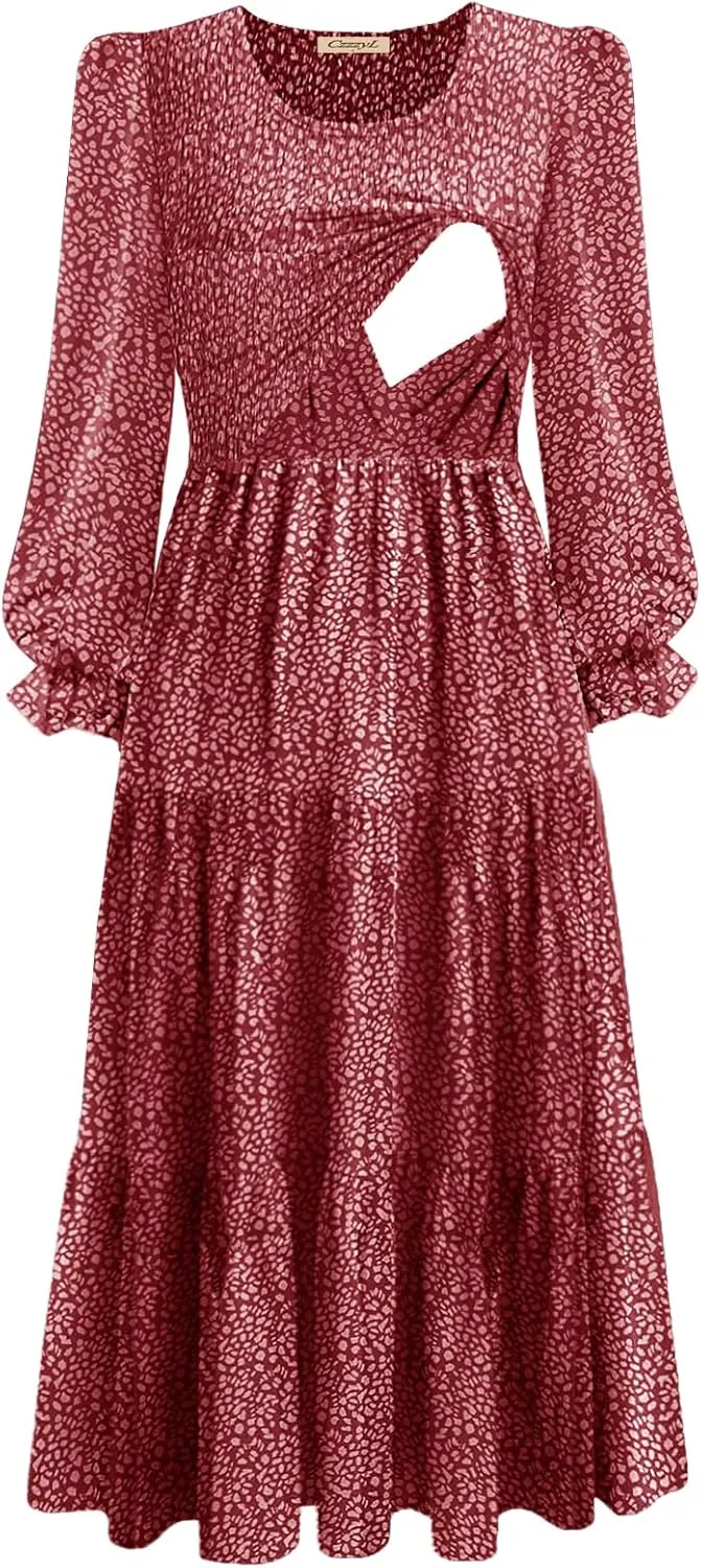 Women's Nursing Dress Flounces Long Sleeve Crew Neck Smocked Bodice Ruched Elastic Waist Tiered Midi with Pockets