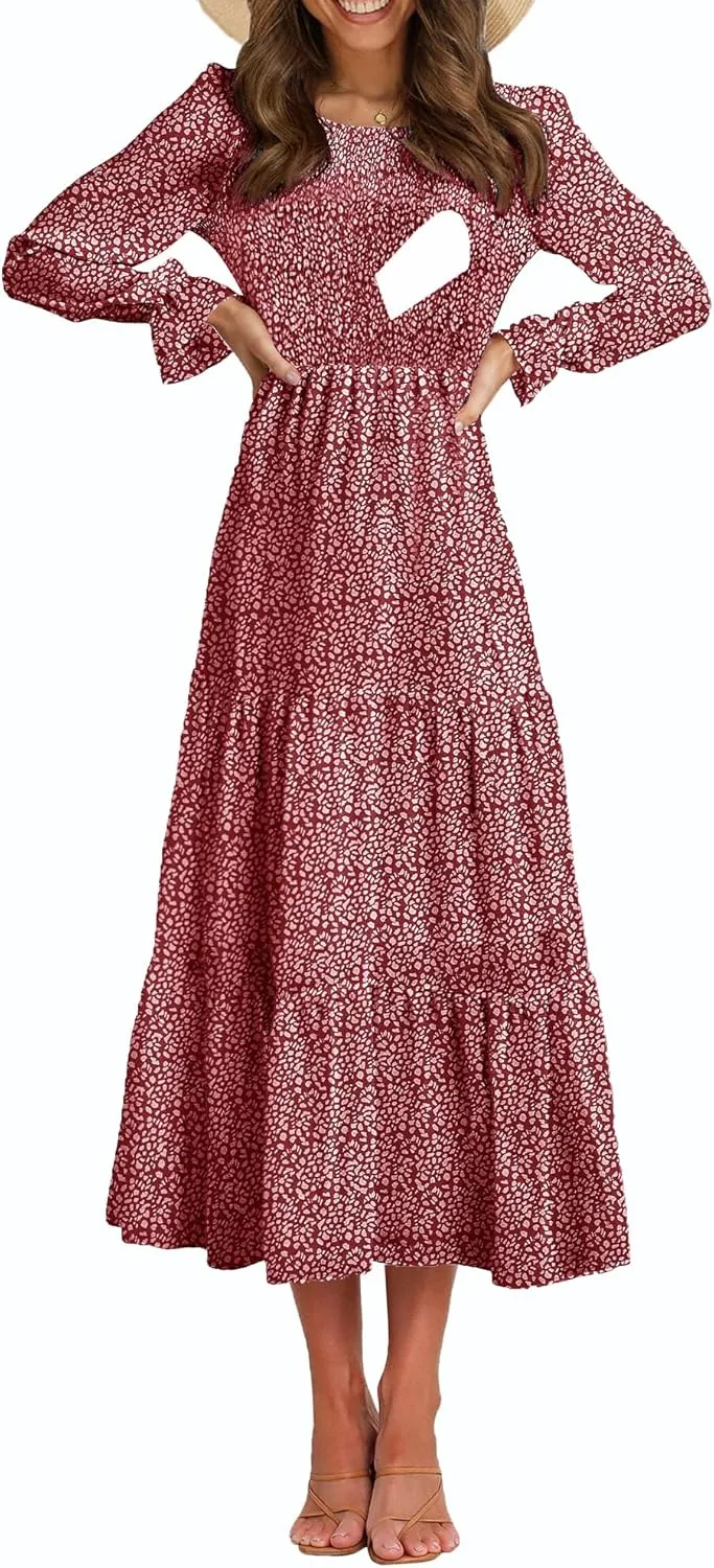 Women's Nursing Dress Flounces Long Sleeve Crew Neck Smocked Bodice Ruched Elastic Waist Tiered Midi with Pockets